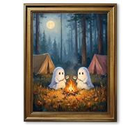 Cute Ghosts Camping Canvas Wall Art Painting Vintage Halloween Decor Framed Gothic Artwork Cozy Fall Forest Poster Whimsical Dark Academia Print Romantic Cottagecore Picture for Kids Bedroom 12x16inch