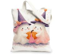 Cute Ghosts Canvas Tote Bag, Adorable Halloween Pattern Reusable Grocery Bags, Lightweight Washable Shoulder Strap Tote for, White, 13x15 Inch