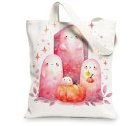 Cute Ghosts Canvas Tote Bags, Adorable Cartoon Pattern Reusable Grocery Bags, Lightweight Washable Shoulder Strap Canvas Ba, White, 13x15 Inch