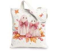 Cute Ghosts Canvas Tote Bags, Adorable Floral Pattern Reusable Grocery Bags, Lightweight Washable Shoulder Strap Canvas Bag, White, 13x15 Inch