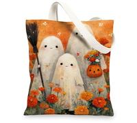 Cute Ghosts Canvas Tote Bags, Adorable Halloween Floral Pattern Reusable Shopping Bags, Lightweight Washable Shoulder Strap Canvas Bags for Travel Picnic 13x15 Inch