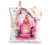 Cute Ghosts Canvas Tote Bags, Adorable Halloween Pattern Reusable Grocery Bags, Lightweight Washable Shoulder Strap Canvas, White, 13x15 Inch