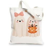 Cute Ghosts Canvas Tote Bags, Adorable Halloween Pattern Reusable Grocery Bags, Lightweight Washable Shoulder Strap Canvas, White, 13x15 Inch