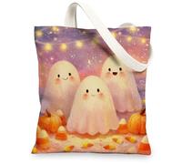 Cute Ghosts Canvas Tote Bags, Adorable Pastel Pattern Reusable Grocery Bags, Lightweight Washable Shoulder Strap Canvas Bags for Gym Outdoor Travel Beach Picnic 13x15 Inch