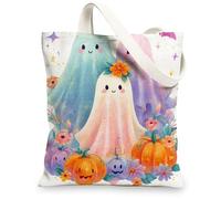 Cute Ghosts Canvas Tote Bags, Colorful Halloween Pattern Reusable Grocery Bags, Lightweight Washable Shoulder Strap Canvas Bags for Gym Outdoor Travel Beach Picnic 13x15 Inch
