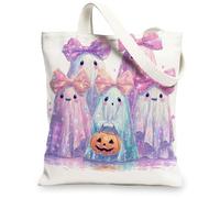 Cute Ghosts Canvas Tote Bags, Fanciful Halloween Design Lightweight Reusable Shopping Bags for Parties, Beach, Travel 13x15 Inch