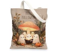 Cute Ghosts Canvas Tote Bags, Fanciful Mushroom Pattern Reusable Shopping Bags, Lightweight Eco-Friendly Washable Shoulder Bags for Halloween Party Travel 13x15 Inch