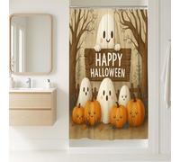 Cute Ghosts Halloween Shower Curtain, Beige Pumpkin Bathroom Decor, Autumn Seasonal Fun Waterproof Fabric Bathroom Set with Hooks 36x72 Inch