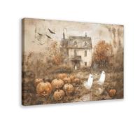 Cute Ghosts Haunted Halloween Farmhouse Spooky Pumpkin Patch Painting Vintage Country Cottage Fall Decor