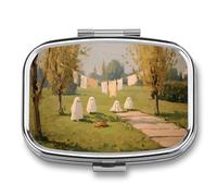Cute Ghosts Play in The Yard Pill Box 2 Compartment Portable Medicine Pill Case Travel Pill Organizer for Pocket Purse