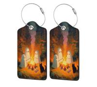 Cute Ghosts Roasting Over A Campfire Luggage Tag for Suitcase 2 Pack Leather Luggage Tag with Privacy Flap Name Id Label and Metal Loop for Women Men Travel