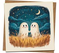 Cute Ghosts Under Moon Greeting Card - 145mm x 145mm Square, Blank Inside, with Kraft Envelope - Spooky Cute Halloween, Anniversary, Friendship, Love, Thinking of You Card