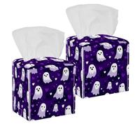 Cute Ghosts with Hearts on Purple Background Tissue Box Cover, Square Tissue Holder Decorative Facial Napkin Dispenser for Bathroom Parlors Vanity Countertop Nightstand