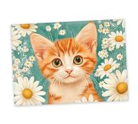 Cute Ginger Cat Glass Chopping Board with Daisy Floral Art - Gift for Cat Lover - Large Kitchen Worktop Saver Tempered Glass Food Prep Board, 40cm x 30cm