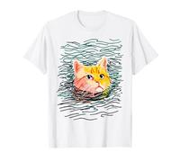 Cute Ginger Cat Swimming Minimalist Animal Line Art Summer T-Shirt