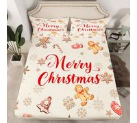 Cute Gingerbread Man Fitted Sheet Single 2 Pcs,Funny Gingerbread Snowflakes and Bells Sheets Set Breathable Bedding(No Top Sheet),Brown Snowflake Printed Bed Sheet with Deep Pocket