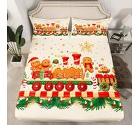 Cute Gingerbread Man Fitted Sheet Single Size 2 Pcs,Cartoon Gingerbread Train Bed Sheet for Kids Boys Girls Teens,Christmas Decorations New Year Deep Pocket,1 Pillowcase(No Flat Sheet)