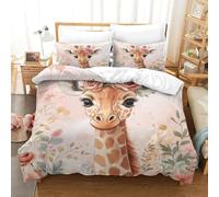 Cute Giraffe Baby 3 Pieces Polyester Microfibre Junior Floral Watercolor Style Duvet Cover with 2 Pack Pillow Cases, Hidden Zip, Men Women Kids, Autumn Use Skin Friendly Cosy Super King（260x220cm）