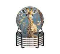 Cute Giraffe Flowers Coasters for Drinks,Absorbent Ceramic Coasters Set of 6 with Cork Base,Funny Cup Beverage Coaster with Holder Drink Coaster Cup Mat Pad for Tabletop Protection