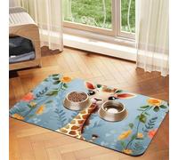Cute Giraffe Flowers Dog Food Mat, Absorbent Pet Feeding Mat for Food and Water Bowls Non-Slip Placement Pad for Floors Waterproof Quick Dry Water Dispenser Mat for Dogs Puppy Cats 16x24 Inch