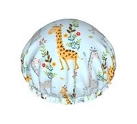 Cute Giraffe Flowers Printed Shower Cap, Double Layer Hair Cover For Bathing, Reusable Headgear For Long Hair