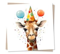 Cute Giraffe Happy Birthday Card - Giraffe and Party Hat Illustration - Blank Greetings Card - Made in UK