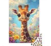 Cute Giraffe in Flowers Adult Jigsaw Puzzle, 1000 Pieces, 52x38cm/1000pcs; A Relaxed Project for Colder Days; White Cardboard with Reduced Dust