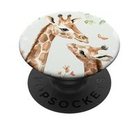 Cute Giraffe Mom and Baby Watercolor Green Flowers PopSockets Adhesive PopGrip