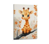 Cute Giraffe Nursery Wall Art Adorable Cartoon Jungle Animal Sitting on Tree Soft Watercolor Style Baby Room Poster for Toddler Kids Bedroom Or Playroom Decoration Gift 16x24inch(40x60cm) Frame