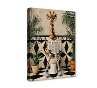 Cute Giraffe on Toilet Canvas Wall Art Animal Read Newspaper Picture 1P Tropical Plant Posters Prints Cute Modern Artwork for Living Room Bedroom Home Decor Framed Gallery-Wrapped Ready to Hang
