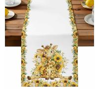 Cute Giraffe Sunflower Table Runner, Yellow Cartoon Animal Flower Leaf Cotton and Table Linen Runner for Kitchen Dining Home Decor for Party Festival Holiday Decoration Gift 13x48in