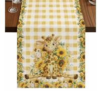 Cute Giraffe Sunflower Table Runner, Yellow Cartoon Animal Flower Leaf Plaid Cotton and Table Linen Runner for Kitchen Dining Home Decor for Party Festival Holiday Decoration Gift 13x48in