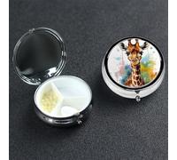 Cute Giraffe Watercolor Pill Box 3 Compartment Waterproof Pill Container with Mirror Metal Medicine Box Organizer Portable Vitamin Case for Pocket & Purse Travel - Round