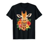 Cute Giraffe with Colorful Tropical Hibiscus Flowers T-Shirt