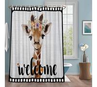 Cute Giraffes Shower Curtain with 12 Hooks Welcome Words Animal Flower Film Boundary Linen Texture Waterproof Fabric Shower Curtains Sets for Bathroom Bath Decorations, Machine Washable, 60"x72"