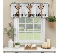 Cute Giraffes Valances for Windows, Welcome Words Animal Flower Film Boundary Linen Texture Rod Pocket Valance Short Window Treatments Curtains for Kitchen Bathroom Bedroom Decor, 60 x 18 Inches