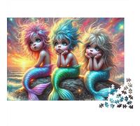 Cute Girl 1000 Piece Three Mermaids Cardboard Puzzle for Adults 14+ Kids 12+ Rainy Day Indoor Activity Stress Relief Brain Training Birthday Gift 38x26cm/1000pcs