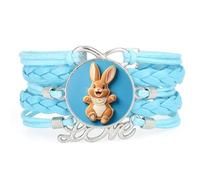Cute Girl Cookie Ribbon Rabbit Love Adjustable Leather Braided Bracelet Blu