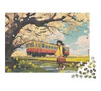 Cute Girl Having A Picnic Jigsaw Puzzles Rapeseed Flowers Cherry Blossoms Train Challenge Toy Educational Games Home Decoration for Adults& Teenager Age 14 Years Up 1000pcs (75x50cm)