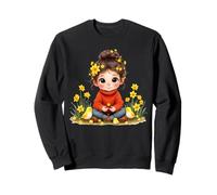 Cute Girl Sitting with Yellow Flowers and Chicks - Spring Sweatshirt