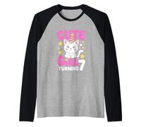 Cute Girl Turning 7 Kawaii Cat Seventh Birthday Raglan Baseball Tee