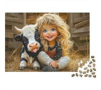 Cute Girl with Cow 1000 Piece Jigsaw Puzzle Sunny Farm Art - Brainteasing Challenge for Adults70x50cm/1000pcs