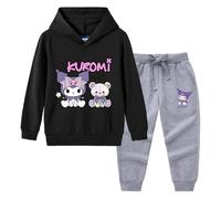 Cute Girls Hoodie,Kawaii Rabbit Cartoon Printed Hoodie and Pants Two Piece Set,Student Girls Long Sleeve Suit,Black,140cm