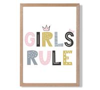 Cute Girls Rule Scandi Quote Framed Print SIZE: A2 with Oak Frame ARTZE Pink A2