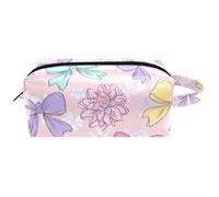 Cute Girly Bow and Floral Pastel Background Hanging Makeup Bag, Water - Resistant Leather Toiletry Travel Bag with Handle, Portable Cosmetic Case for Women Men Girls
