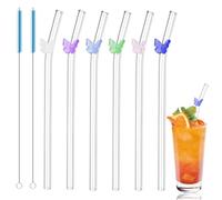 Cute Glass Straws, 6 Pcs Clear Butterfly Glass Straws Drinking Reusable with 2 Cleaning Brushes for Smoothie Coffee Milk Juice Cocktail or Mixing