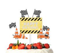 Cute Glitter Traffic Cone Cake Topper Black White Checkered Flag Race Car Theme Anniversary Bday Party Decoration Supplies for Man Women Happy Birthday Decor Supplies