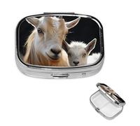 Cute Goat Baby with Mother Pill Box 2 Compartment Square Portable Pill Case for Pocket or Purse Small Weekly Medicine Planner Travel Pillbox with Mirror Decorative Metal Vitamin Holder Gifts