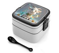 Cute Goat Bento Box with Spoon & Handle - 2 Compartment Leak-Proof Stackable Lunch Box for Adults, BPA-Free Reusable Food Containers for Work, Travel, Picnic