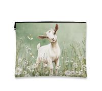 Cute Goat Makeup Bag, Hand-painted Illustration Cosmetic Travel Pouch for Women, Portable Small Canvas Zipper Organizer, Great Gift for Animal Lovers, Spring Season Skincare Bag, Green, 7x9 Inch, Goat